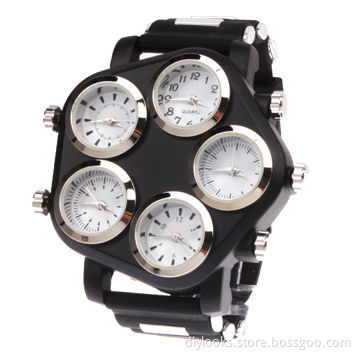 Unique Stylish Large 5 Dial Plate Quartz Analog Wristwatch, Black